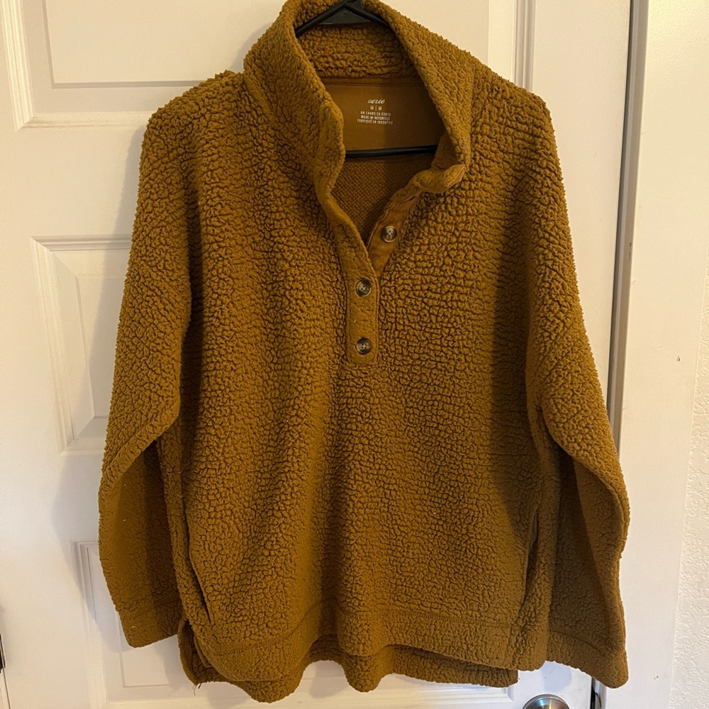 Aerie ochre/mustard Sherpa button neck pullover M